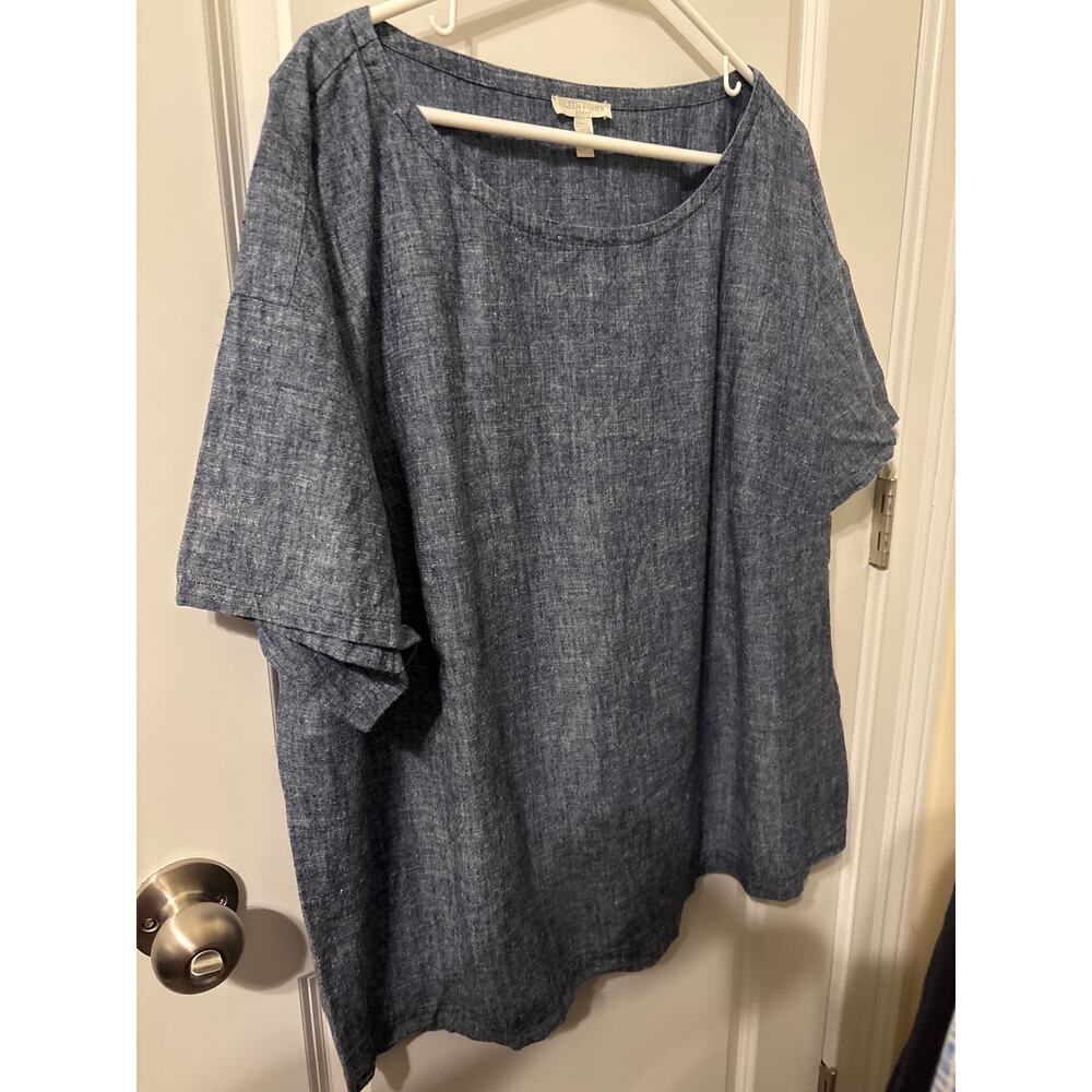 Eileen fisher sz 2x chambray blue slub hemp organic cotton blouse top tunic euc